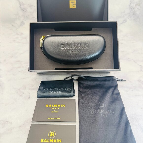 Balmain Sunglasses Case Set-Black Box, Gold Zip Oval Case, Drawstring Bag, Cloth - Picture 1 of 9
